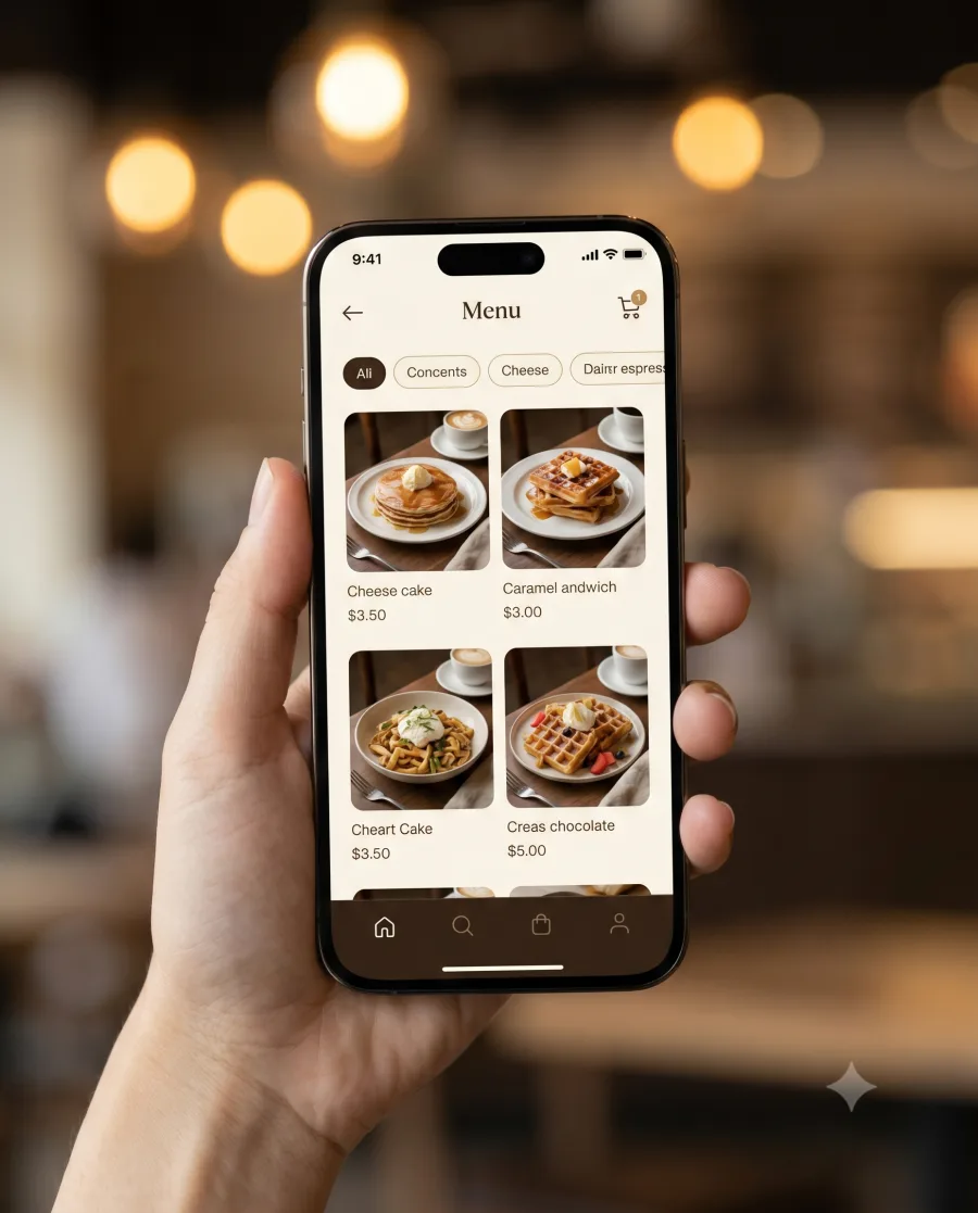 qrkafe dijital menü ekranı gösteren telefon