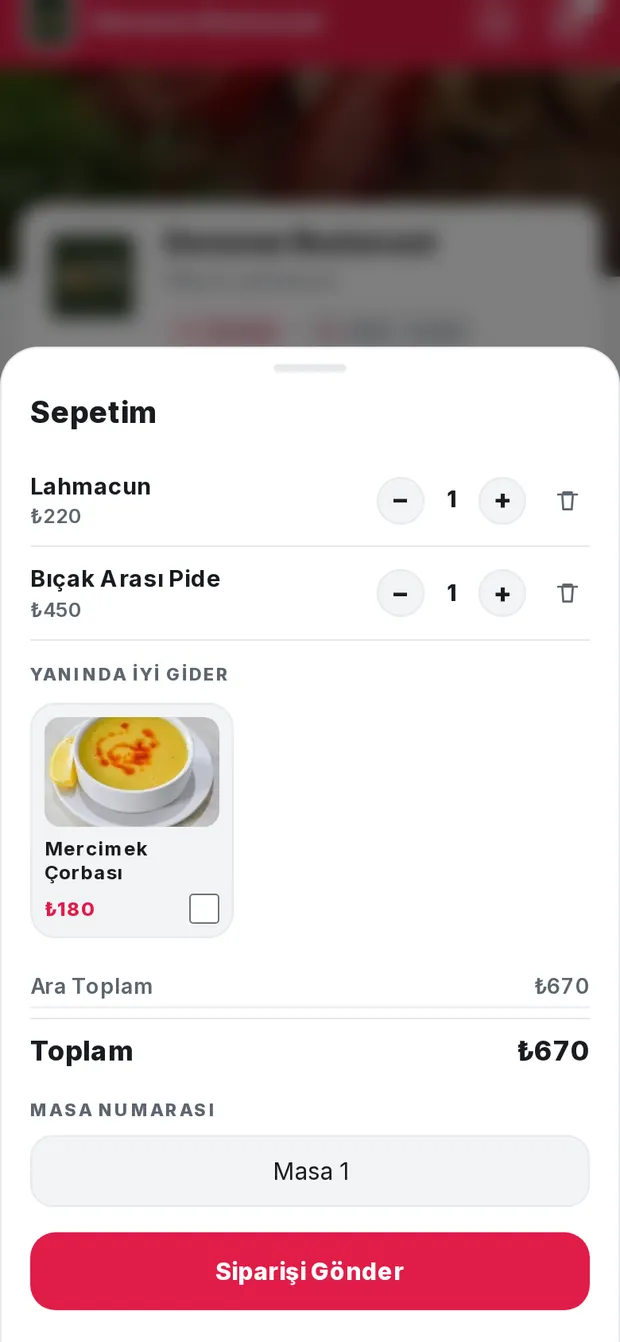 Sepet ekranı: ürünler, ara toplam ve siparişi gönder düğmesi