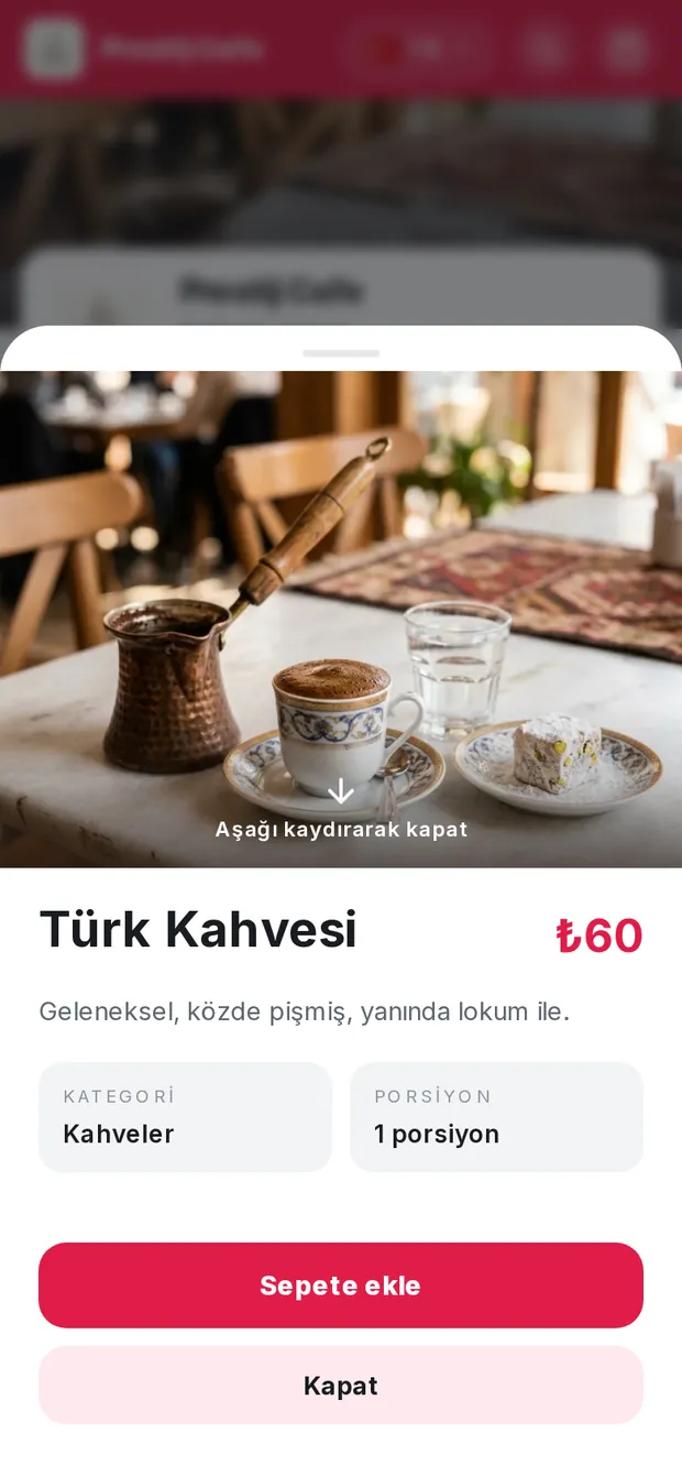 Ürün detay ekranı: fotoğraf, açıklama, porsiyon ve sepete ekle