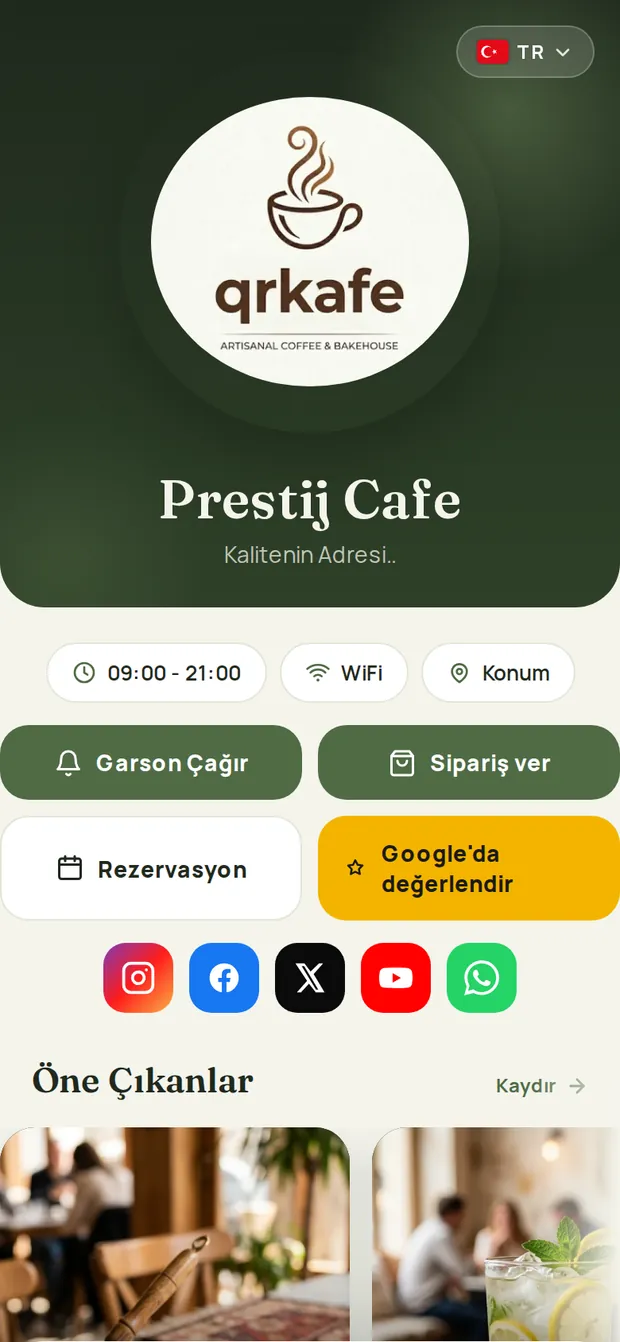 Editör teması: yeşil tonlu, kategori kartlı QR menü
