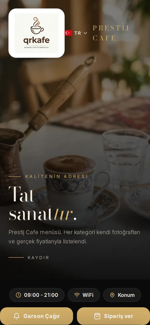 Noir teması: koyu, altın vurgulu QR menü